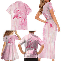 Breast Cancer Awareness Family Matching Short Sleeve Bodycon Dress and Hawaiian Shirt Maile Pikake Lokelani Crown Flower Lei Inspired LT9 - Polynesian Pride