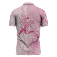 Breast Cancer Awareness Zipper Polo Shirt Maile Pikake Lokelani Crown Flower Lei Inspired