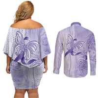 Epilepsy Awareness Couples Matching Off Shoulder Short Dress and Long Sleeve Button Shirt Maile Pikake Lokelani Crown Flower Lei Inspired