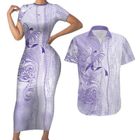Epilepsy Awareness Couples Matching Short Sleeve Bodycon Dress and Hawaiian Shirt Maile Pikake Lokelani Crown Flower Lei Inspired LT9 Purple - Polynesian Pride