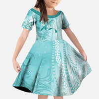PTSD Awareness Family Matching Long Sleeve Bodycon Dress and Hawaiian Shirt Maile Pikake Lokelani Crown Flower Lei Inspired LT9 Daughter's Dress Teal - Polynesian Pride
