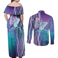Suicide Prevention Awareness Couples Matching Off Shoulder Maxi Dress and Long Sleeve Button Shirt Maile Pikake Lokelani Crown Flower Lei Inspired