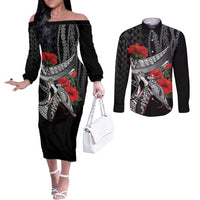 Hawaiian Honu Personalized Couples Matching Off The Shoulder Long Sleeve Dress and Long Sleeve Button Shirt Black Tribal Hook Pattern