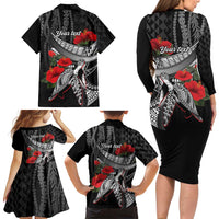 Hawaiian Honu Personalized Family Matching Long Sleeve Bodycon Dress and Hawaiian Shirt Black Tribal Hook Pattern