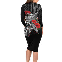 Hawaiian Honu Personalized Family Matching Long Sleeve Bodycon Dress and Hawaiian Shirt Black Tribal Hook Pattern