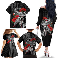 Hawaiian Honu Personalized Family Matching Off The Shoulder Long Sleeve Dress and Hawaiian Shirt Black Tribal Hook Pattern