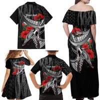Hawaiian Honu Personalized Family Matching Off Shoulder Maxi Dress and Hawaiian Shirt Black Tribal Hook Pattern
