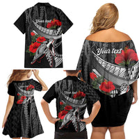 Hawaiian Honu Personalized Family Matching Off Shoulder Short Dress and Hawaiian Shirt Black Tribal Hook Pattern