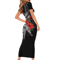 Hawaiian Honu Personalized Family Matching Short Sleeve Bodycon Dress and Hawaiian Shirt Black Tribal Hook Pattern