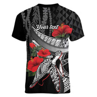Hawaiian Honu Personalized Women V-Neck T-Shirt Black Tribal Hook Pattern