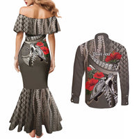 Hawaiian Honu Personalized Couples Matching Mermaid Dress and Long Sleeve Button Shirt Mocha Mousse Hibiscus Tribal Hook Pattern