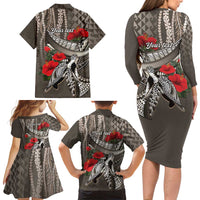 Hawaiian Honu Personalized Family Matching Long Sleeve Bodycon Dress and Hawaiian Shirt Mocha Mousse Hibiscus Tribal Hook Pattern