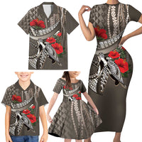 Hawaiian Honu Personalized Family Matching Short Sleeve Bodycon Dress and Hawaiian Shirt Mocha Mousse Hibiscus Tribal Hook Pattern