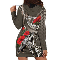 Hawaiian Honu Personalized Hoodie Dress Mocha Mousse Hibiscus Tribal Hook Pattern