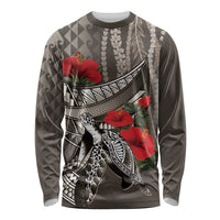 Hawaiian Honu Personalized Long Sleeve Shirt Mocha Mousse Hibiscus Tribal Hook Pattern