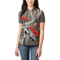 Hawaiian Honu Personalized Women Polo Shirt Mocha Mousse Hibiscus Tribal Hook Pattern