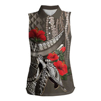 Hawaiian Honu Personalized Women Sleeveless Polo Shirt Mocha Mousse Hibiscus Tribal Hook Pattern