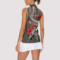Hawaiian Honu Personalized Women Sleeveless Polo Shirt Mocha Mousse Hibiscus Tribal Hook Pattern