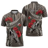 Hawaiian Honu Personalized Zipper Polo Shirt Mocha Mousse Hibiscus Tribal Hook Pattern