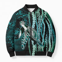 Hawaiian Honu Personalized Bomber Puffer Jacket Dark Cyan Maile Pikake Flower Lei Inspired