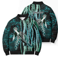 Hawaiian Honu Personalized Bomber Puffer Jacket Dark Cyan Maile Pikake Flower Lei Inspired