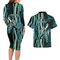 Hawaiian Honu Personalized Couples Matching Long Sleeve Bodycon Dress and Hawaiian Shirt Dark Cyan Maile Pikake Flower Lei Inspired LT9 - Polynesian Pride