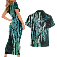 Hawaiian Honu Personalized Couples Matching Short Sleeve Bodycon Dress and Hawaiian Shirt Dark Cyan Maile Pikake Flower Lei Inspired LT9 - Polynesian Pride