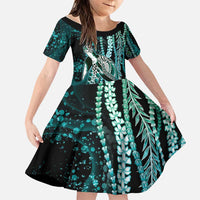 Hawaiian Honu Personalized Family Matching Long Sleeve Bodycon Dress and Hawaiian Shirt Dark Cyan Maile Pikake Flower Lei Inspired LT9 Daughter's Dress Cyan - Polynesian Pride