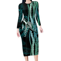 Hawaiian Honu Personalized Family Matching Long Sleeve Bodycon Dress and Hawaiian Shirt Dark Cyan Maile Pikake Flower Lei Inspired LT9 Mom's Dress Cyan - Polynesian Pride