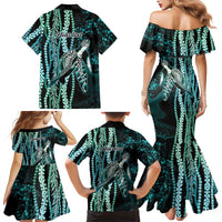 Hawaiian Honu Personalized Family Matching Mermaid Dress and Hawaiian Shirt Dark Cyan Maile Pikake Flower Lei Inspired LT9 - Polynesian Pride