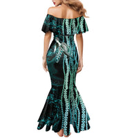 Hawaiian Honu Personalized Family Matching Mermaid Dress and Hawaiian Shirt Dark Cyan Maile Pikake Flower Lei Inspired LT9 - Polynesian Pride