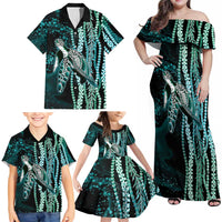 Hawaiian Honu Personalized Family Matching Off Shoulder Maxi Dress and Hawaiian Shirt Dark Cyan Maile Pikake Flower Lei Inspired LT9 - Polynesian Pride