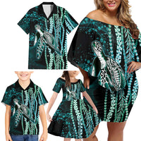 Hawaiian Honu Personalized Family Matching Off Shoulder Short Dress and Hawaiian Shirt Dark Cyan Maile Pikake Flower Lei Inspired LT9 - Polynesian Pride