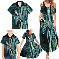 Hawaiian Honu Personalized Family Matching Summer Maxi Dress and Hawaiian Shirt Dark Cyan Maile Pikake Flower Lei Inspired LT9 - Polynesian Pride