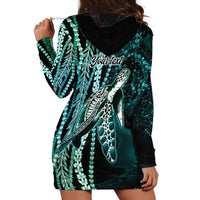 Hawaiian Honu Personalized Hoodie Dress Dark Cyan Maile Pikake Flower Lei Inspired