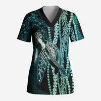 Hawaiian Honu Personalized Scrub Top Dark Cyan Maile Pikake Flower Lei Inspired