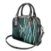 Hawaiian Honu Personalized Shoulder Handbag Dark Cyan Maile Pikake Flower Lei Inspired