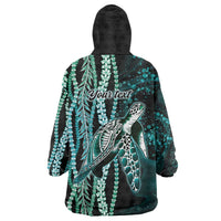 Hawaiian Honu Personalized Wearable Blanket Hoodie Dark Cyan Maile Pikake Flower Lei Inspired