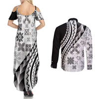 Black Hawaiian Quilt Pattern Couples Matching Summer Maxi Dress and Long Sleeve Button Shirt Mixed Polynesian Tribal Arty LT9 - Polynesian Pride