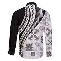 Black Hawaiian Quilt Pattern Family Matching Off The Shoulder Long Sleeve Dress and Hawaiian Shirt Mixed Polynesian Tribal Arty