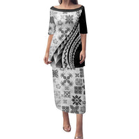 Black Hawaiian Quilt Pattern Family Matching Puletasi and Hawaiian Shirt Mixed Polynesian Tribal Arty