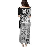 Black Hawaiian Quilt Pattern Family Matching Puletasi and Hawaiian Shirt Mixed Polynesian Tribal Arty