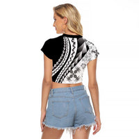Black Hawaiian Quilt Pattern Raglan Cropped T Shirt Mixed Polynesian Tribal Arty