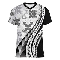 Black Hawaiian Quilt Pattern Women V-Neck T-Shirt Mixed Polynesian Tribal Arty