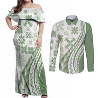 Green Hawaiian Quilt Pattern Couples Matching Off Shoulder Maxi Dress and Long Sleeve Button Shirt Mixed Polynesian Tribal Arty LT9 Green - Polynesian Pride