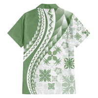 Green Hawaiian Quilt Pattern Family Matching Long Sleeve Bodycon Dress and Hawaiian Shirt Mixed Polynesian Tribal Arty LT9 - Polynesian Pride