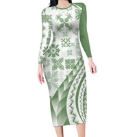 Green Hawaiian Quilt Pattern Family Matching Long Sleeve Bodycon Dress and Hawaiian Shirt Mixed Polynesian Tribal Arty LT9 Mom's Dress Green - Polynesian Pride