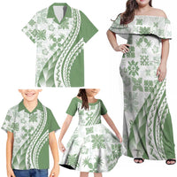 Green Hawaiian Quilt Pattern Family Matching Off Shoulder Maxi Dress and Hawaiian Shirt Mixed Polynesian Tribal Arty LT9 - Polynesian Pride