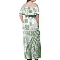Green Hawaiian Quilt Pattern Family Matching Off Shoulder Maxi Dress and Hawaiian Shirt Mixed Polynesian Tribal Arty LT9 - Polynesian Pride