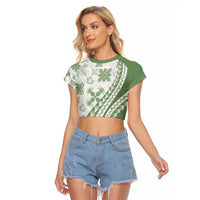 Green Hawaiian Quilt Pattern Raglan Cropped T Shirt Mixed Polynesian Tribal Arty